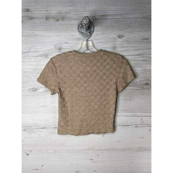 Atelier By Kirious Shirt Womens Small Beige Checkered Textured Knit Crop Top Tee - Picture 9 of 9
